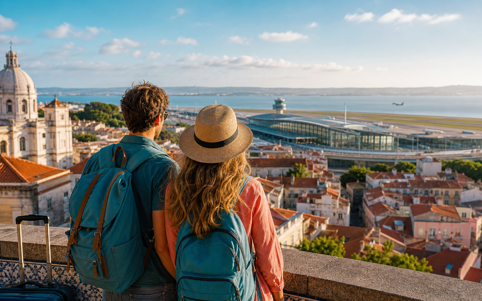 Travelers looking across a European city