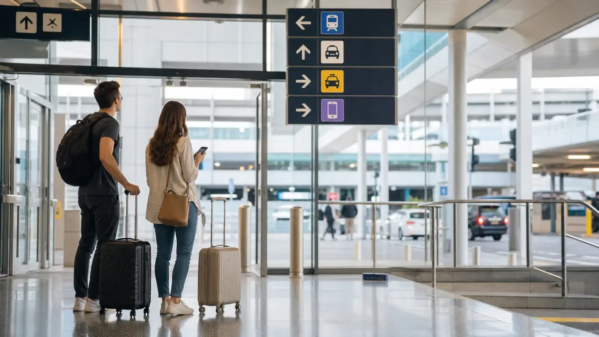 Travelers at an airport arrivals area comparing train, taxi, and rideshare options before going to Buckhead