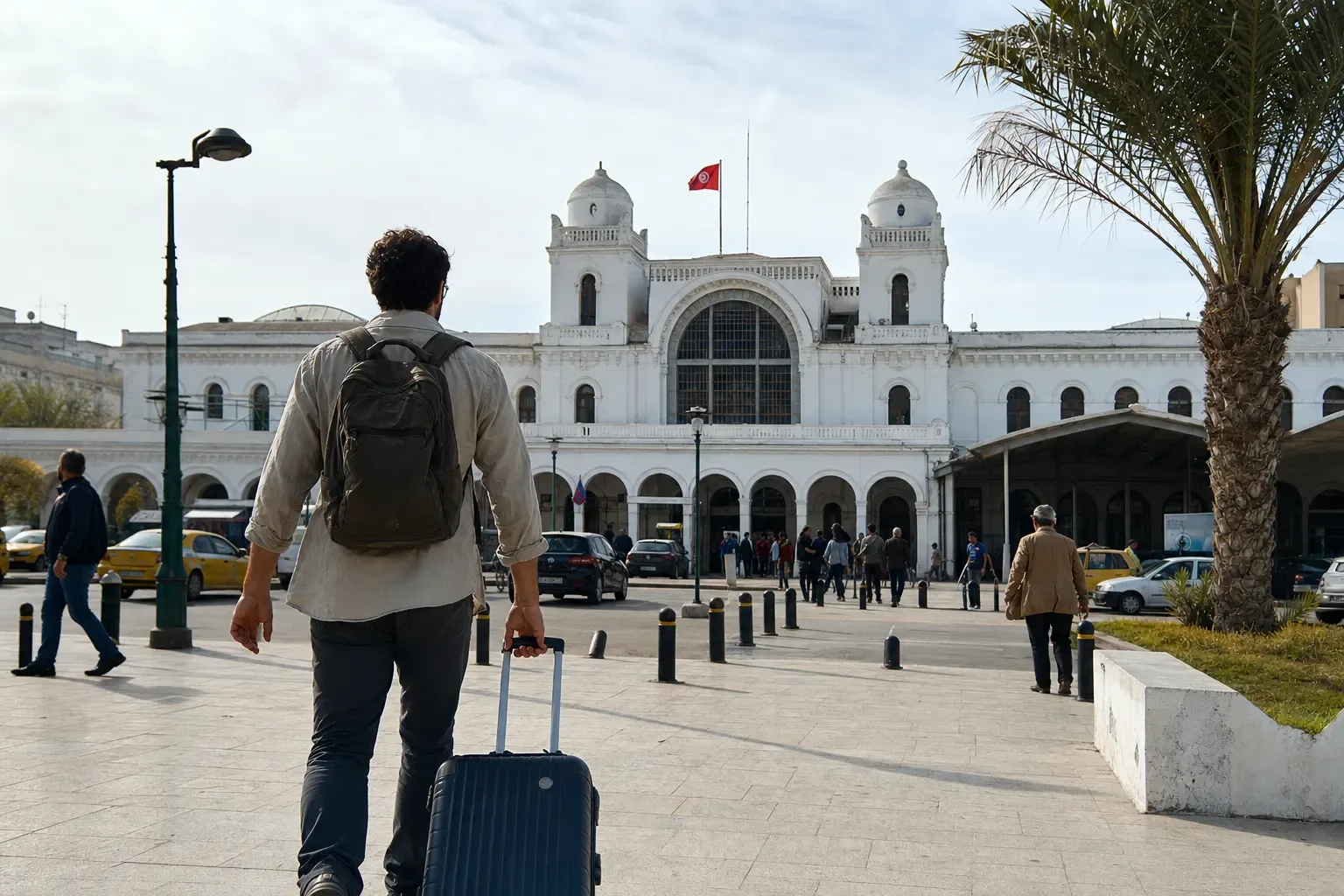 Tunis Ville station arrival with luggage and central Tunis hotels ahead
